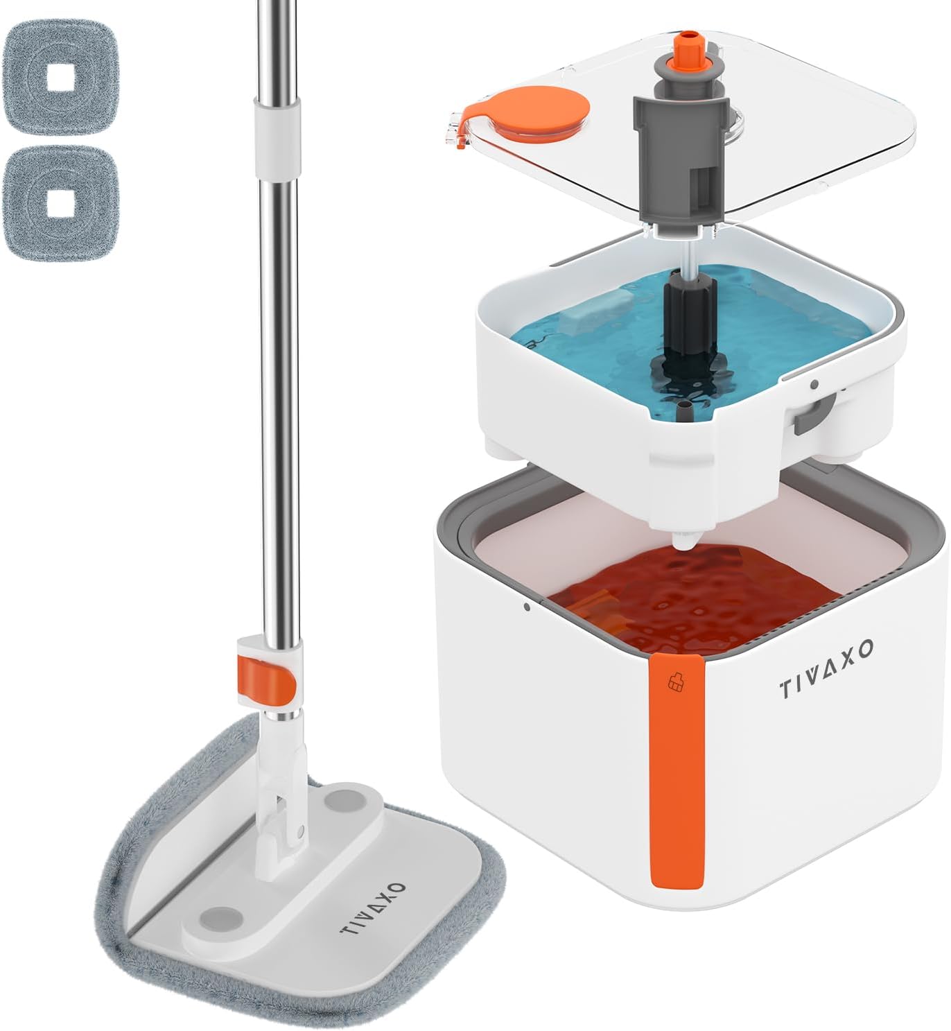 Mop and Bucket Set, Spin Mop with Self Seperates Dirty Water System, Square Mops for Floor Cleaning, 360 Rotating Foldable Standing Mop Head, Versatile Mops for Walls (Mop Bucket with 2 Pads)