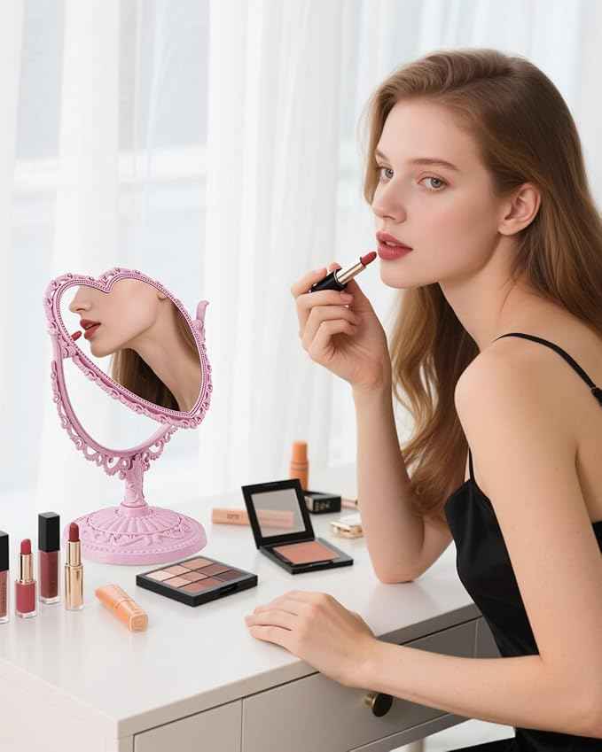 Heart Shaped Cute Vanity Princess Mirror for Desk,Double-Sided Rotatable Table with Stand Downtown Girl Room Coquette Decor (Pink)