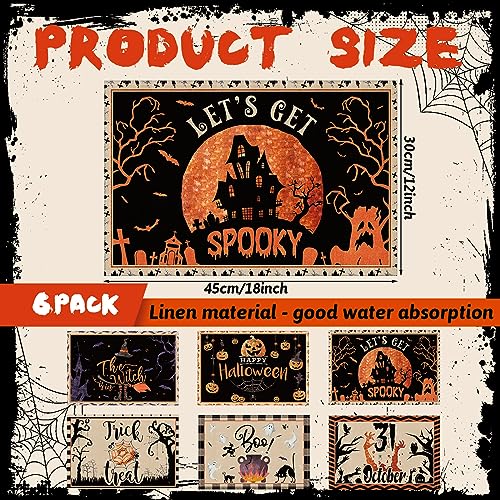 6 Pcs Halloween Placemats 12"x18" Gothic Bat Placemats Kitchen Decoration Washable Witch Place Mats Rectangle Skull Table Mats for Halloween Dining Table Accessories