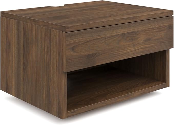 Nathan James Jackson Wall Mounted Floating Bedroom Nightstand with Storage Drawer and Modern Open Shelf Cubby, Dark Brown Walnut