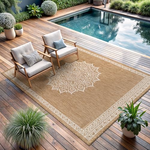 Outdoor Rug 8x10 Medallion Natural Modern Area Rugs for Indoor and Outdoor Patios Kitchen and Hallway Mats Washable Porch Deck Outside Carpet (80 Sq Ft)
