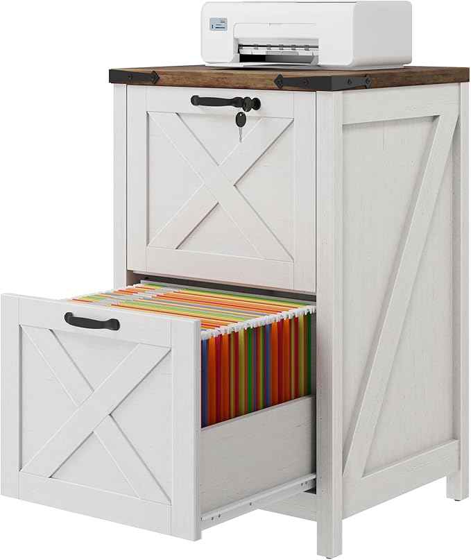 Vabches Vertical File Cabinet with 2 Drawers, Wooden Farmhouse Filing Cabinet for Letter/A4 Size Hanging Files, Under Desk Printer Stand with Storage for Home Office, White and Lock