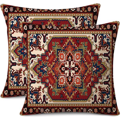 Outdoor Waterproof Pillow Covers 18x18 Inch Red Floral Bohemian Vintage Carpet Pattern Ethnic Design Decorative Farmhouse Cushion Cases for Sofa Couch Garden Balcony Set of 2 (8 Count)