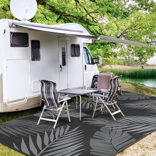 Outdoor Rug Waterproof Plastic Rugs 9'x18' for Camping Black Grey