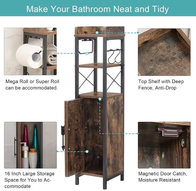 VECELO Slim Toilet Paper Holder, Small Cabinet with Door & 2 Shelves Fenced Top, Bathroom Narrow Storage Organizer for Restroom Bathroom Tiny Space, Rustic Brown
