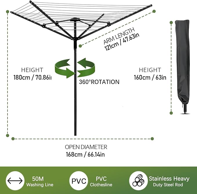 Outdoor Umbrella Drying Rack,Rotary Retractable Clothes Line,Outdoors Adjustable Height Drying Rack Clothing 12 Lines 4 Arms with 165 Feet Drying Space,Collapsible Clothes Drying Rack for Backyard