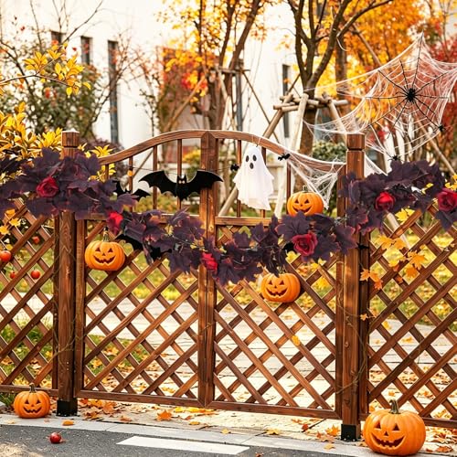 Fall Leaves Garland Hanging Maple Leaf Vines Fake Burgundy Rose (11.4 Foot)