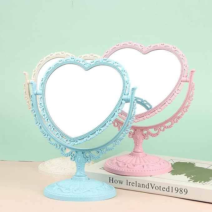 AKOAK Heart-Shaped Cosmetic Mirror - Plastic, Double-Sided, Rotatable, Lightweight - Bathroom & Bedroom Mirror (Blue)
