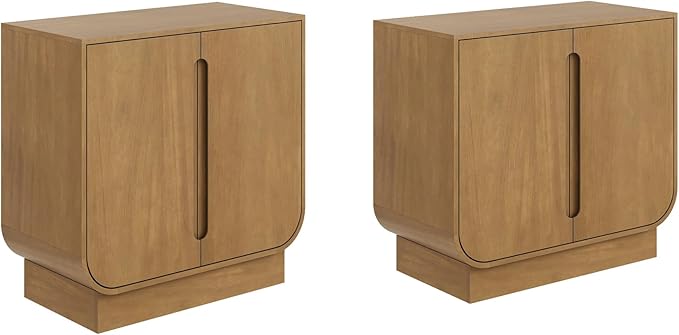 Nathan James Joey Mid Century Modern Storage Cabinet, Arched Accent Cabinet with Rounded Bottom Edges and Integrated Door Pull Cutouts, Light Brown Set of 2