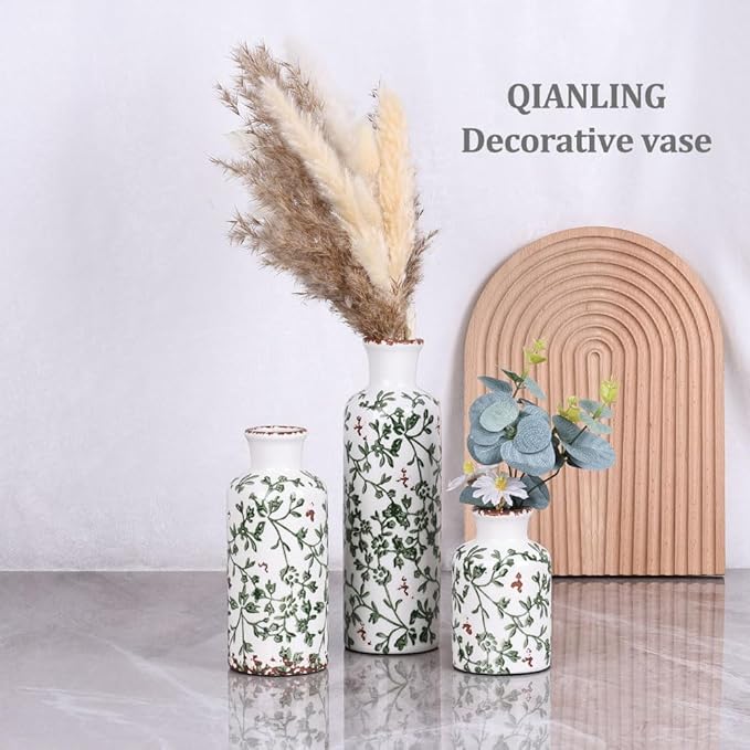 Green Ceramic Vase Set - 3 Chinoiserie Green Floral Vases, Farmhouse Country Flower Vase Home Decor, Living Room Decoration, Table Decoration, Fireplace Decor, and Entrance Decorations Centerpiece