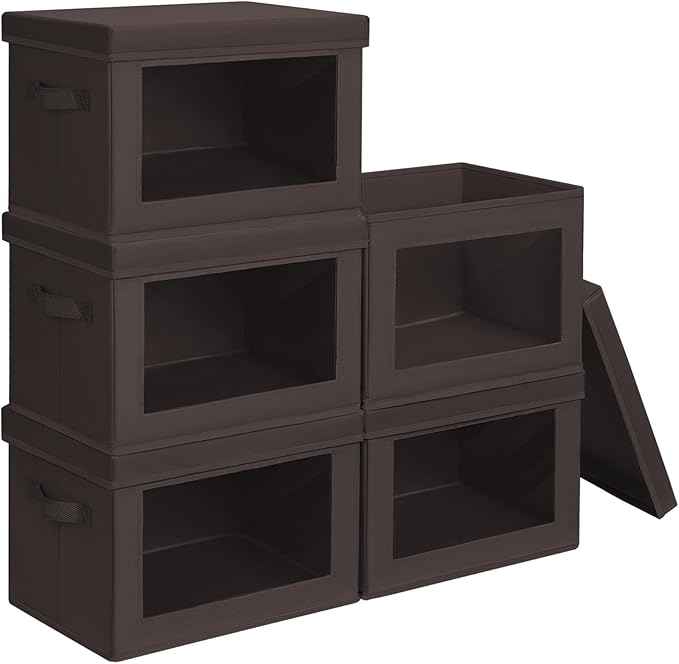 Stackable Storage Bins with Lids - Large Decorative Basket with Lids, Fabric Foldable Closet Organizer Bins, Shelf Organizer for Living Room, Dorm, 5 Pack, Brown