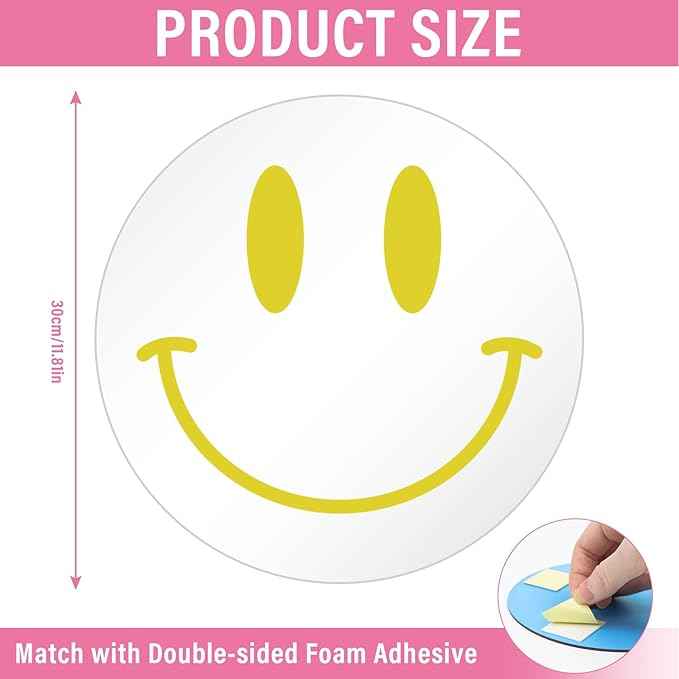 DARENYI Yellow Preppy Mirror Circle, 12 inch Smiling Face Aesthetic Mirror for Teen Girls Preppy Room Wall Decor