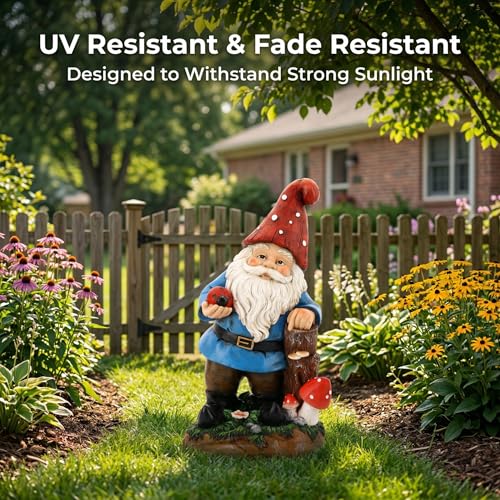 Solar Garden Gnome Statue with Glowing Ladybug & Mushroom