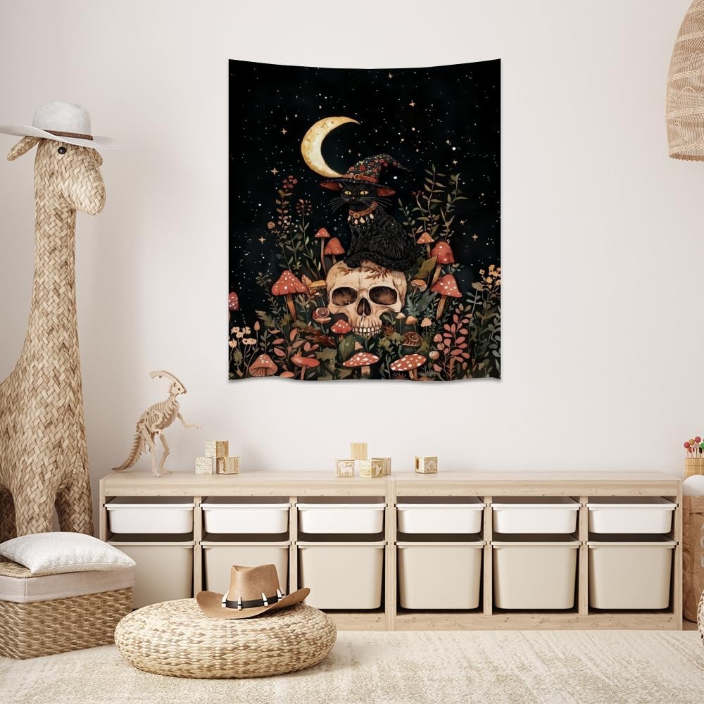 Halloween Witch Cat Tapestry Gothic Skull and Mushroom Artwork Print Spooky Halloween Witchy Wall Hanging Decor Black Cat Crescent Moon art Tapestries for Living Room Bedroom Decoration 70x90inch
