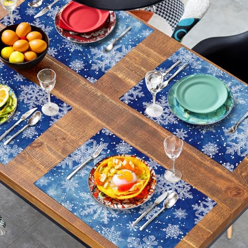 Winter Blue Snowflake Placemats Set of 4 Merry Christmas Snowflakes Linen Fabric Table Mats Seasonal Xmas Holiday Washable Place Mats for Party Kitchen Dining Outdoor Indoor Decor