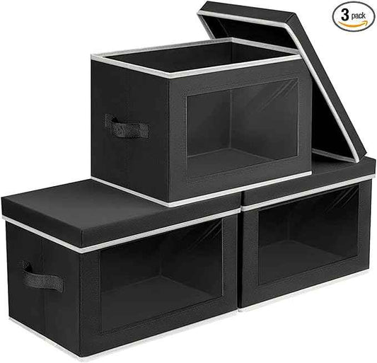 Storage Bins with Lids - Small Fabric Organizers with Window, Collapsible Storage Bins for Clothes, Decorative Closet Organizers for Towels, Tshirt, 3 Pack, Black