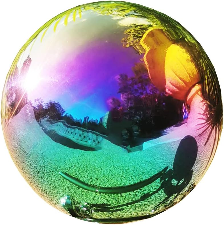 Rainbow Gazing Globe Mirror Ball in Stainless Steel, Shiny Hollow Sphere Sparkling Housewarming Outdoor Ornament (6 Inch)