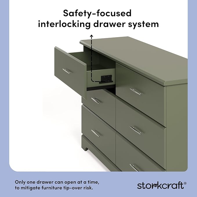 Storkcraft Brookside 6-Drawer Dresser (Olive) – GREENGUARD Gold Certified, Green Dresser for Bedroom, Kids & Nursery Storage Chest, Safety Interlocking Drawers, Pre-Installed Tracks, Kids Chest