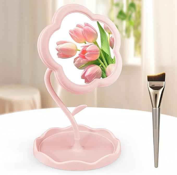 Vanity Mirror, Desk Flower Compact Adjustable Desk Mirror, Office Cubicle with Jewelry Tray & Foundation Brush, Cute Makeup Mirror with Standing, Home Decor for Bedroom Living Room Dormitory(Pink)