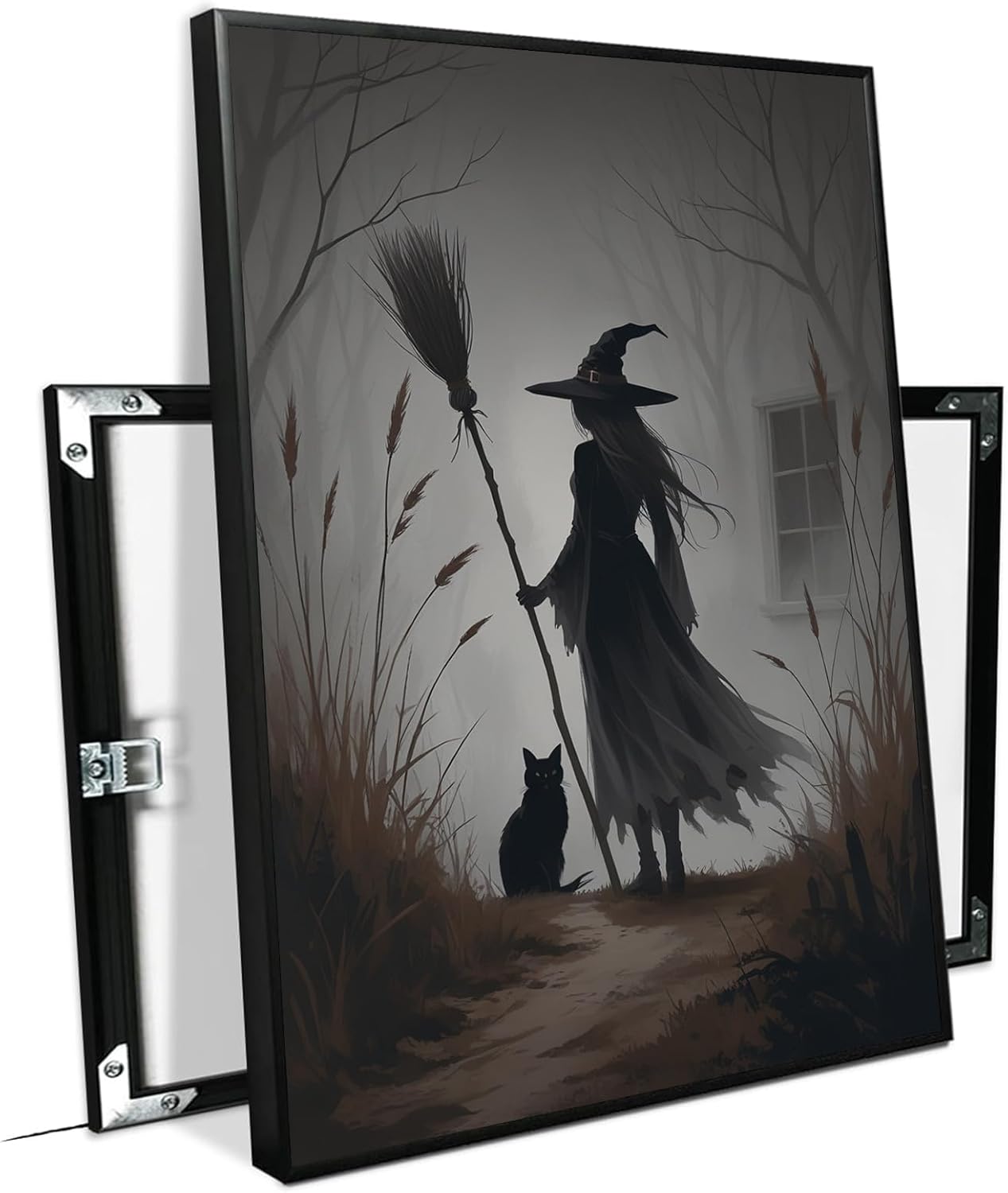JFHCQJPK Vintage forest witch and black cat poster Halloween mural poster decoration mural art magic suitable for home living room bedroom8x12in Metal blackFramed