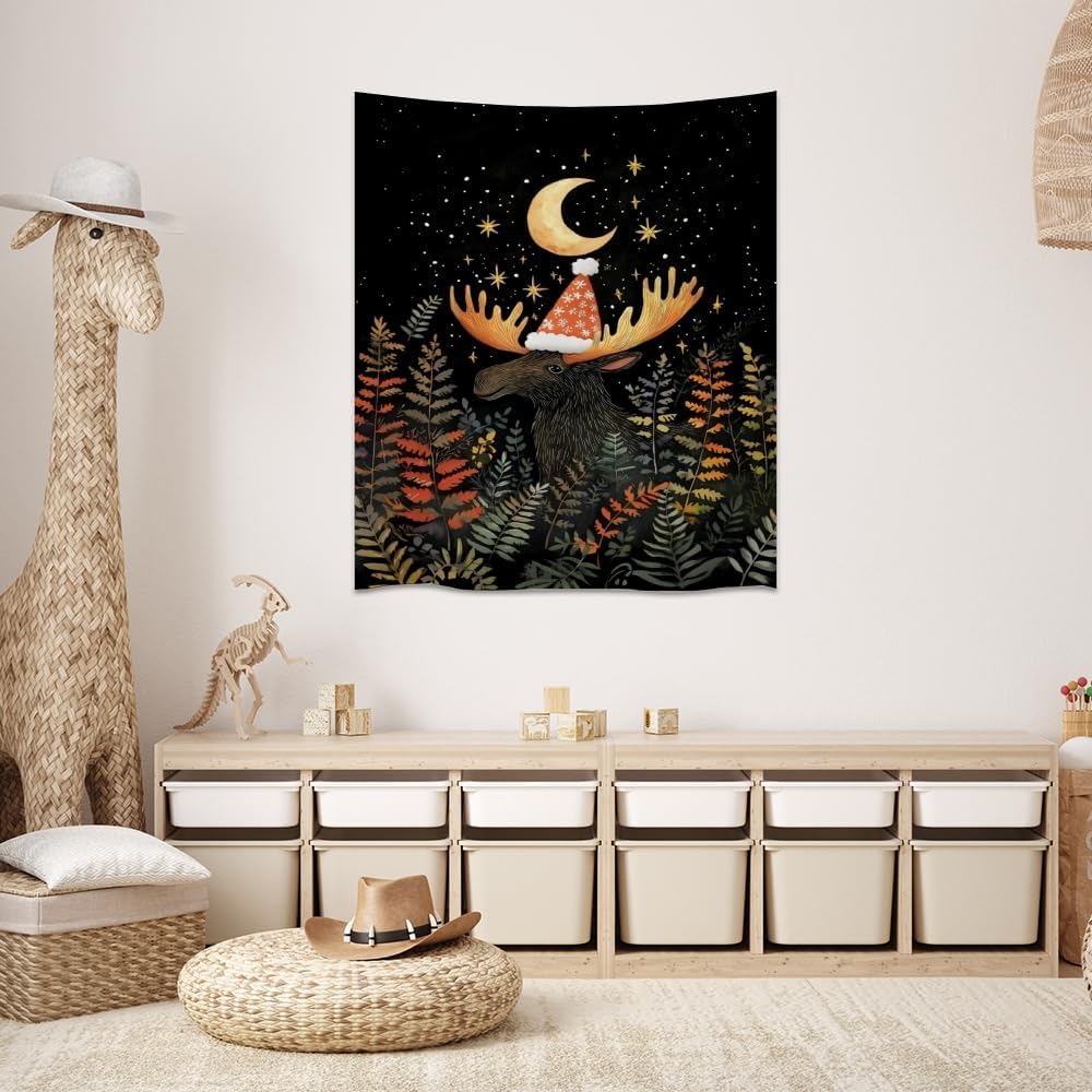 Cute Moose Tapestry Winter Christmas Aesthetic Wall Hanging Decor Funny Animal Lover Gift Whimsical Christmas Tapestries for Nursery Kids Bedroom Home Living Room Decoration 60x80inch