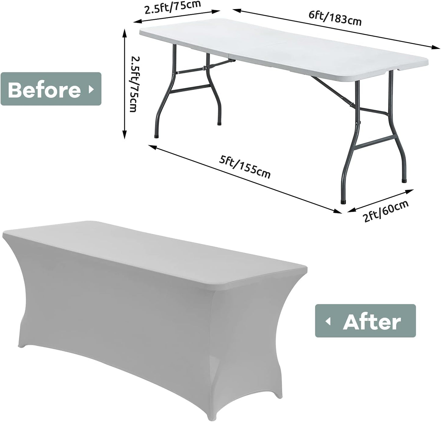 CWK 6FT Waterproof Stretch Spandex Table Cover for Rectangular Tables - Elastic Fitted Tablecloth for Folding Tables,Wrinkle Resistant Table Cloth for Parties, Weddings, Banquets & Events (Silver)
