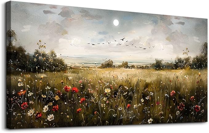 Wapluam Large Canvas Wall Art Living Room Wall Decor for Bedroom Wildflower Field Vintage Wall Art Canvas Prints Paintings Farmhouse Artworks Pictures Modern Aesthetic Home Decoration Ready To Hang