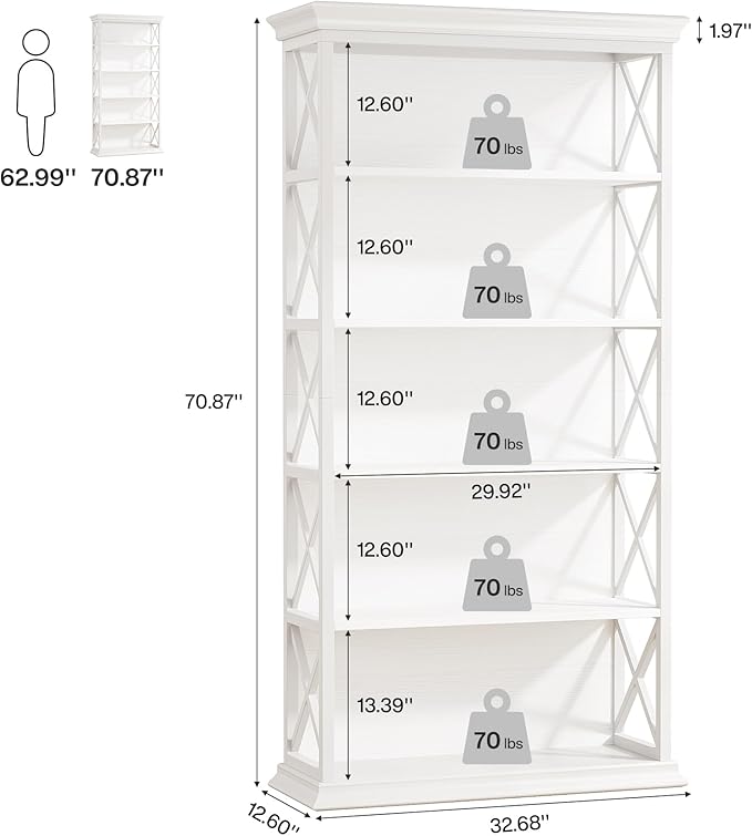 Tribesigns 6-Tier Bookcase, 71 Inches Industrial Bookshelves and Bookcases, Floor Standing 5 Shelf Display Storage Shelves Tall Bookcase for Home Office, Living Room, Bed Room, White