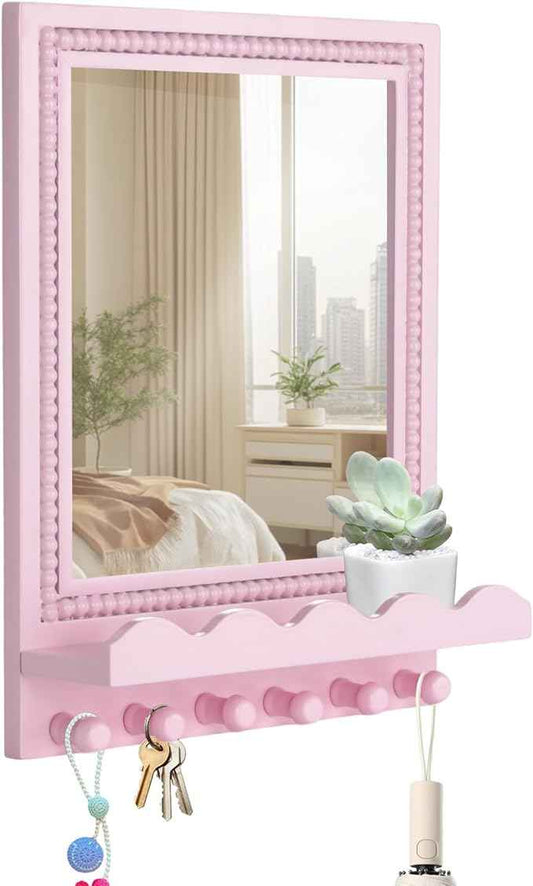Tirzah 16x12 Inch Wall Mount Beaded Wood Framed Mirror with Shelf and 6 Hooks, Pink Decorative Entryway Mirror with Storage for Laundry Room, Bathroom, Bedroom