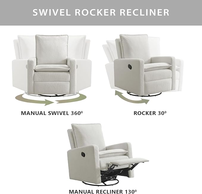 Oxford Baby Uptown Upholstered Glider Recliner Rocking Chair 360° Swivel for Nursery and Living Room – Boucle White
