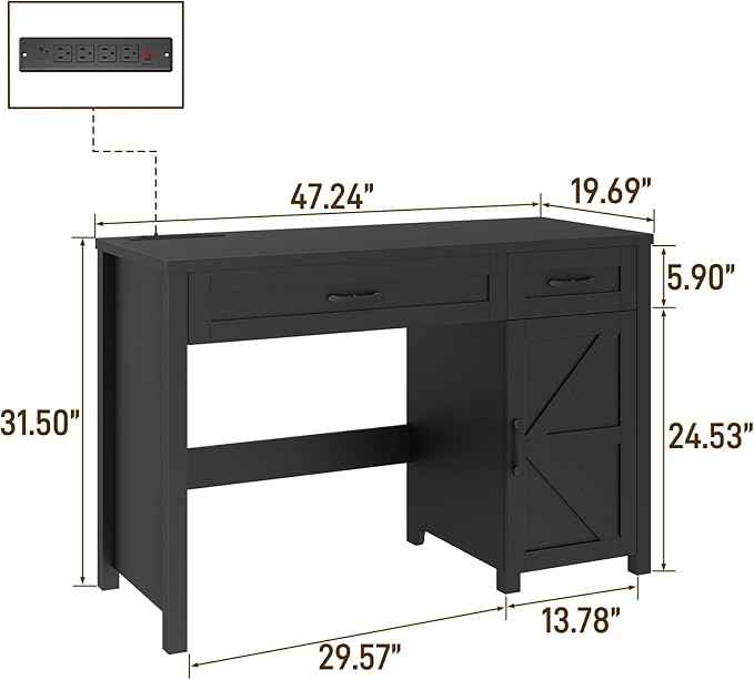 Vabches Farmhouse 47" Executive Desk, Computer Desk with Drawers and Storage Cabinet, Workstation Computer Desk for Home Office, Study.(Pure Black)