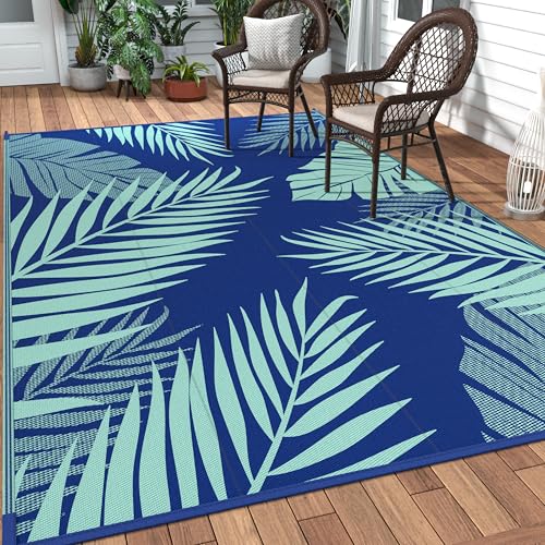 Outdoor Rug Waterproof Plastic Rugs 10'x14' for Camping Navy Green