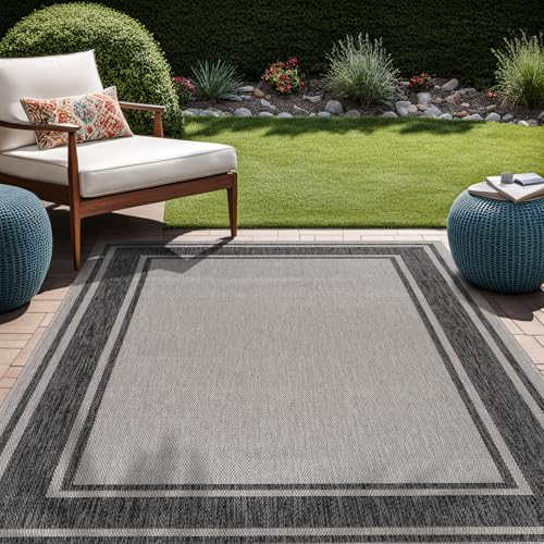 Large Outdoor Rug 9x12 Modern Bordered Area Rugs for Indoor and Outdoor Patio Deck Porch Garden Waterproof Weather Sun Resistant Washable Outside Carpet (108 Sq Ft)