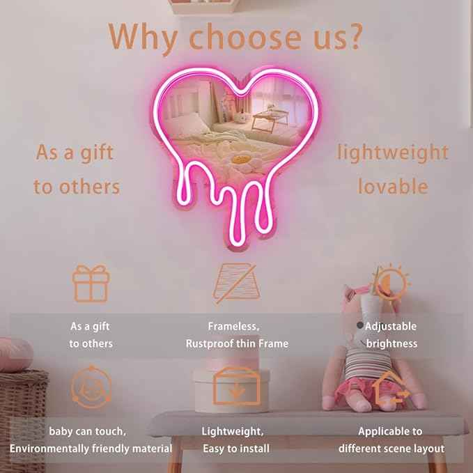Melting Heart Neon Acrylic Mirror Sign with LED Light - Pink Neon Signs for Wall Decor Shatterproof, Rustproof, Lightweight, Adjustable Brightness Superior Aesthetic Appeal Neon Light Mirror