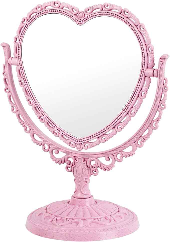 Heart Shaped Cute Vanity Princess Mirror for Desk,Double-Sided Rotatable Table with Stand Downtown Girl Room Coquette Decor (Pink)
