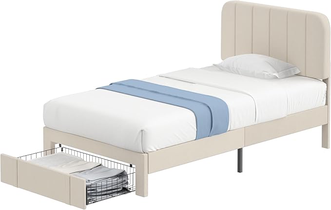 VECELO Twin Size Upholstered Bed Frame with 4 Drawers and Headboard, Velvet Platform Storage Bedframe, Wooden Slats Support, No Box Spring Needed,Bone Beige