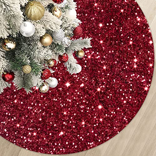Sequins Christmas Tree Skirt 46 Inch Burgundy Xmas Tree Skirt Soft Fabric Christmas Tree Floor Mat Velvet Tree Skirt Christmas Tree Carpet for Indoor Home Party Decorations