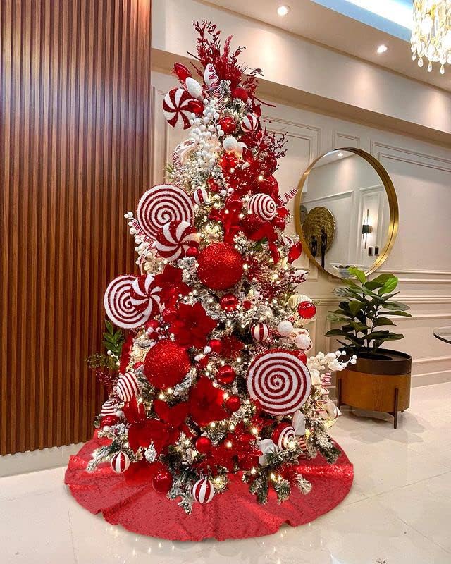 Christmas Tree Skirt 48 Inches Red Tree Skirt Glitter Sequin Tree Skirt for Winter Party Red Christmas Decorations