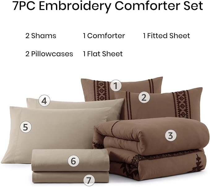 MaiRêve Oversized Queen Comforter Set Brown, Embroidery Western Bedding Set Boho 7 Pieces, Farmhouse All-Season Bed in A Bag with Sheets, Pillowcases & Shams