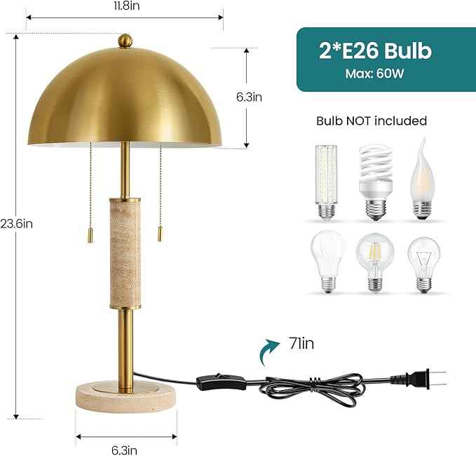 KAISITE 24" Modern Table Lamps Set of 2 for Living Room Gold Metal Nightstand Lamp with High-Grade Decorative Travertine Mid Century Table Lamp for Bedroom End Table Side Table Bedside