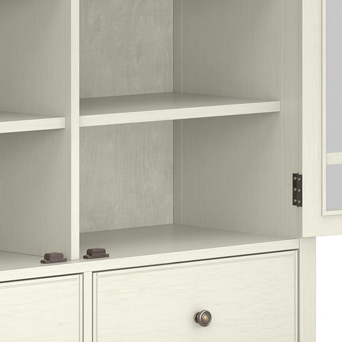 SIMPLIHOME Connaught Storage Cabinet - 46 inch Wide Solid Wood Tall Cabinet in Antique White, Traditional Console for Living Room or Dining Room with Glass Doors, Adjustable Shelves, and Drawers