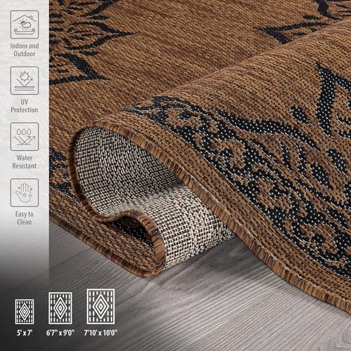 Outdoor Rug 5x7 Medallion Nut Brown Black Modern Area Rugs for Indoor and Outdoor Patios