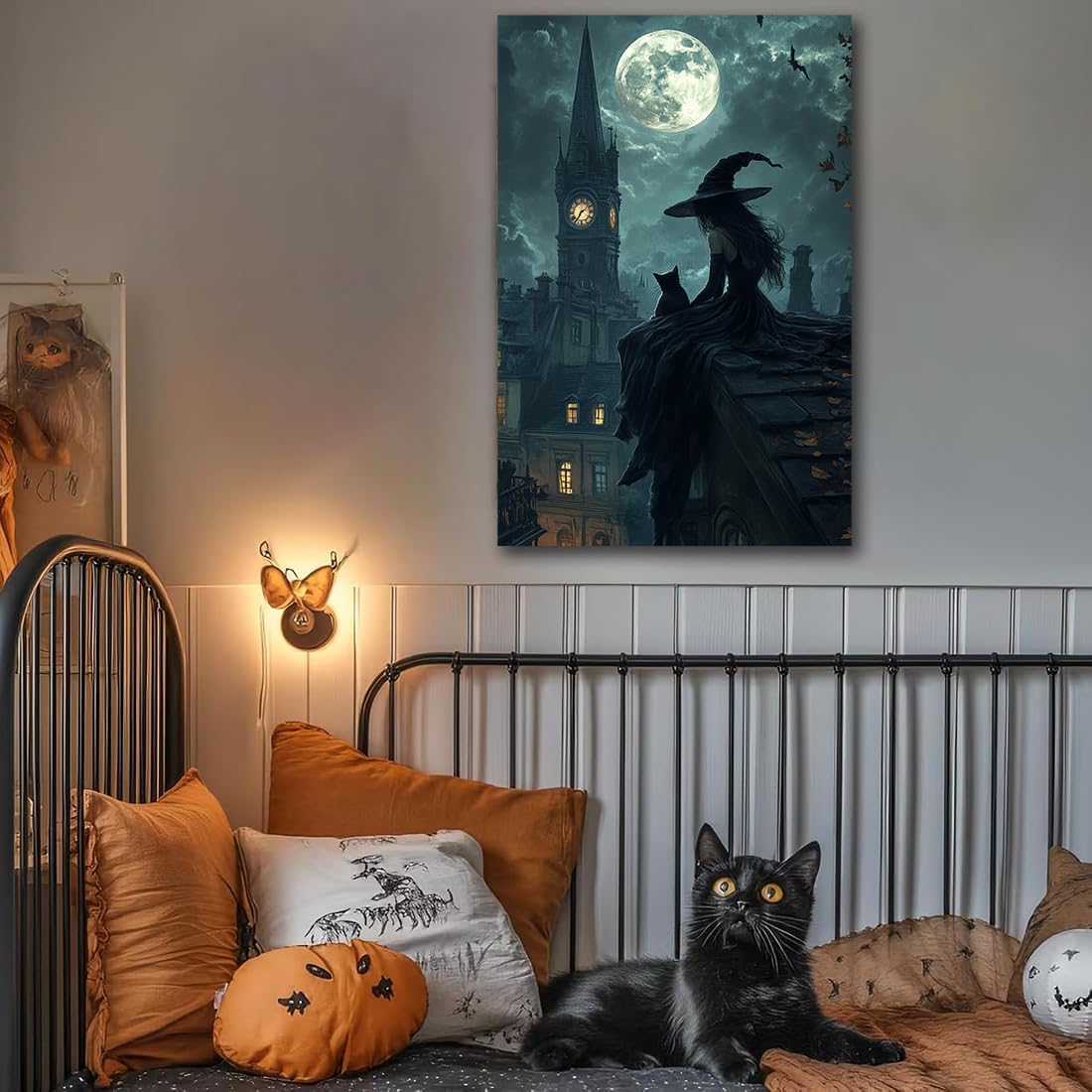 Halloween Witch Black Cat Wall Art,Magical Moon Witch on Roof with Black Cat at Night Scene Painting Haunting Dark Witches Canvas Print for Haunted House Party Decor Poster,20"x30" Framed