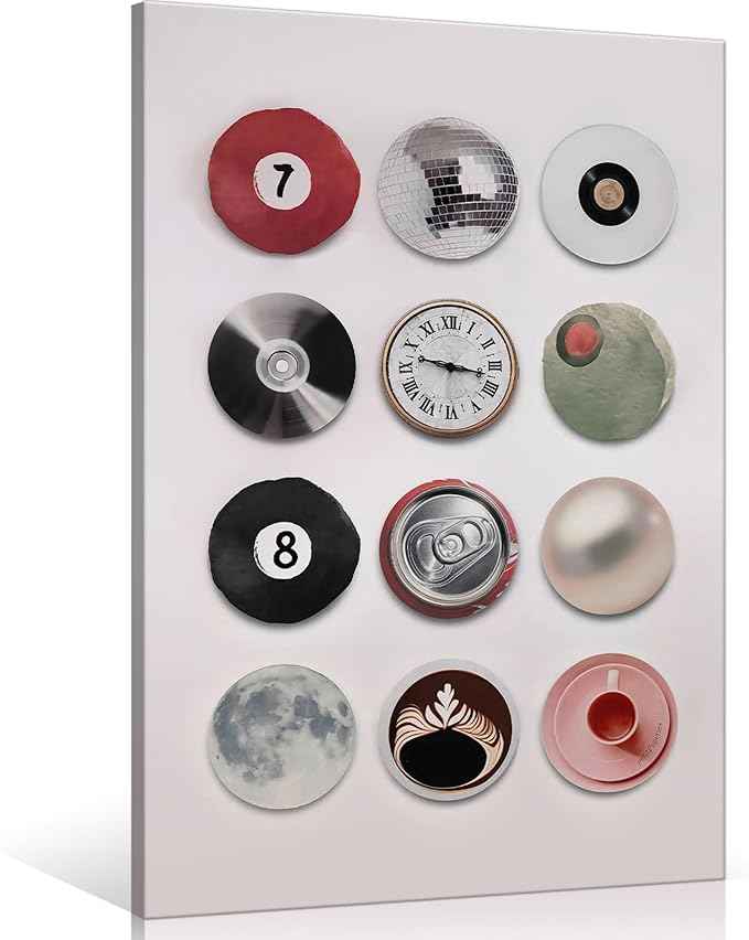 Vintage Disco Ball Canvas Wall Art, Retro 8 Ball Poster, Trendy Music Record Painting, Funky Aesthetic Moon Coffee Cup Prints For Apartment Dorm Wall Decor 24x36in Framed