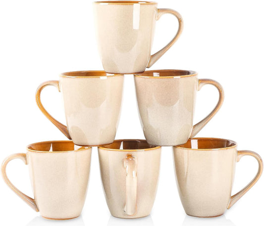 vicrays Coffee Mug Set, 12 Ounce, Set of 6, Ceramic Mug for Men, Women, Unique Glazed Mugs with Handle for Coffee, Tea, Milk, Cocoa, Cereal(Beige)