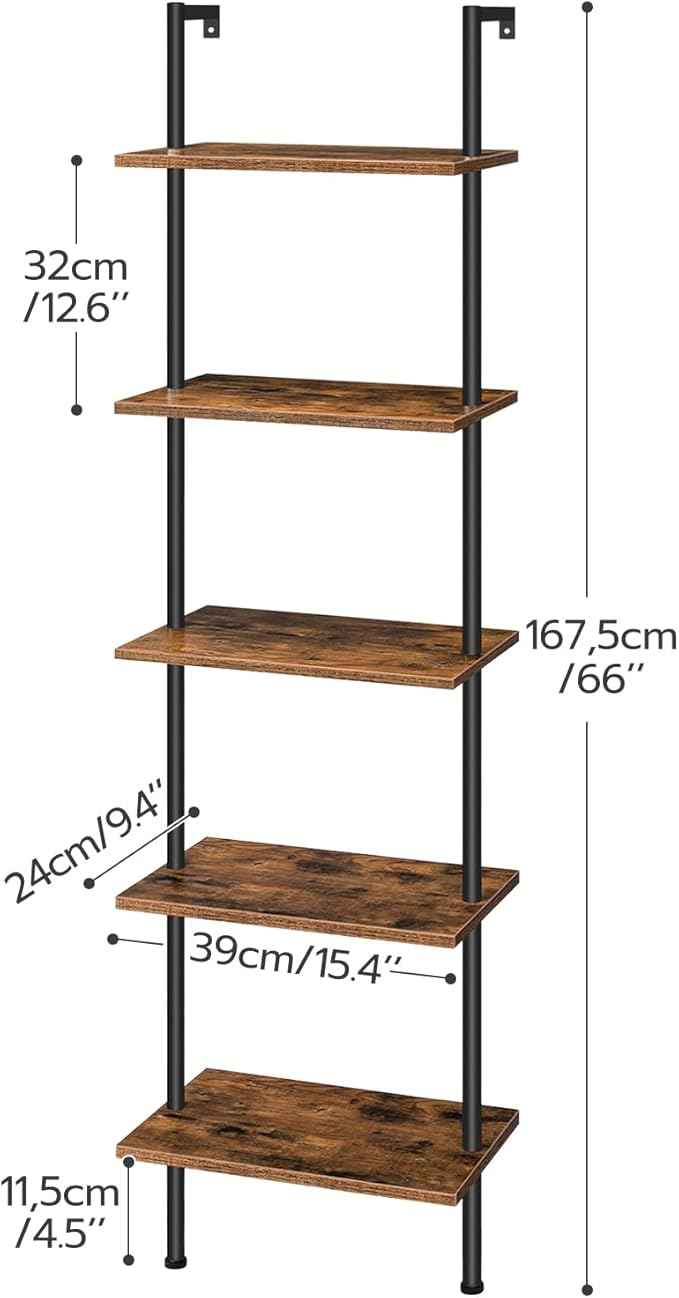 HOOBRO DIY Ladder Shelf, 5-Tier Wooden Wall Mounted Bookshelf, Narrow Bookcase, Display Shelf, Storage Rack, Plant Stand, for Living Room, Bedroom, Study, Balcony, Rustic Brown and Black BF531CJ01