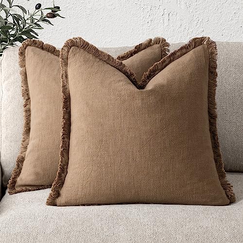 Decorative Linen Fringe Throw Pillow Covers 24×24 Khaki Brown (2 Count)