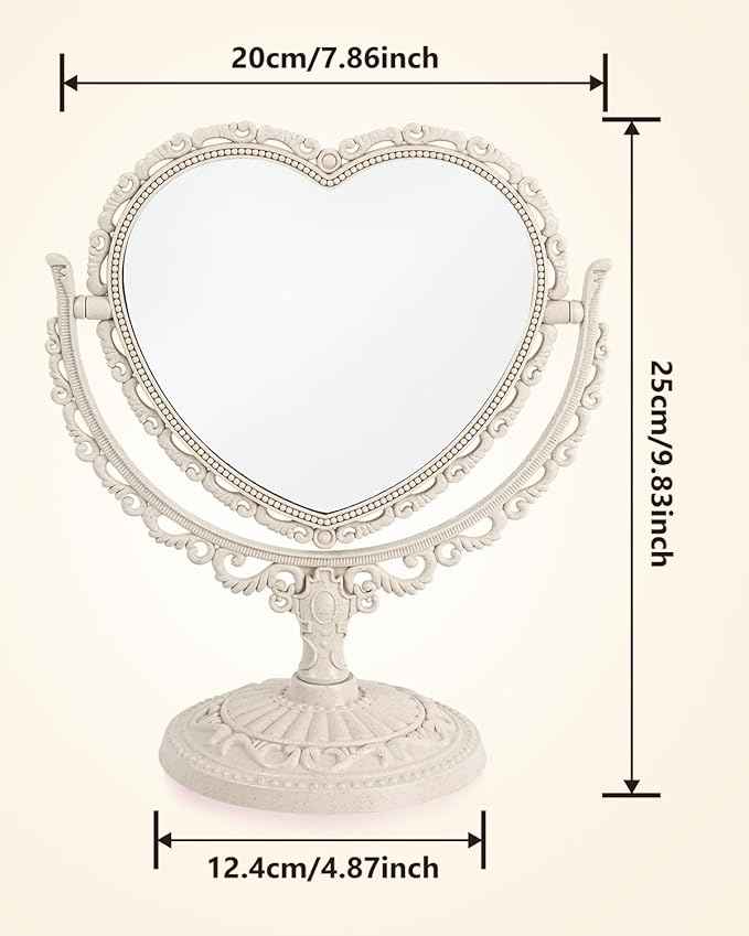 Heart Shaped Cute Vanity Princess Mirror for Desk,Double-Sided Rotatable Table with Stand Downtown Girl Room Coquette Decor (Beige)