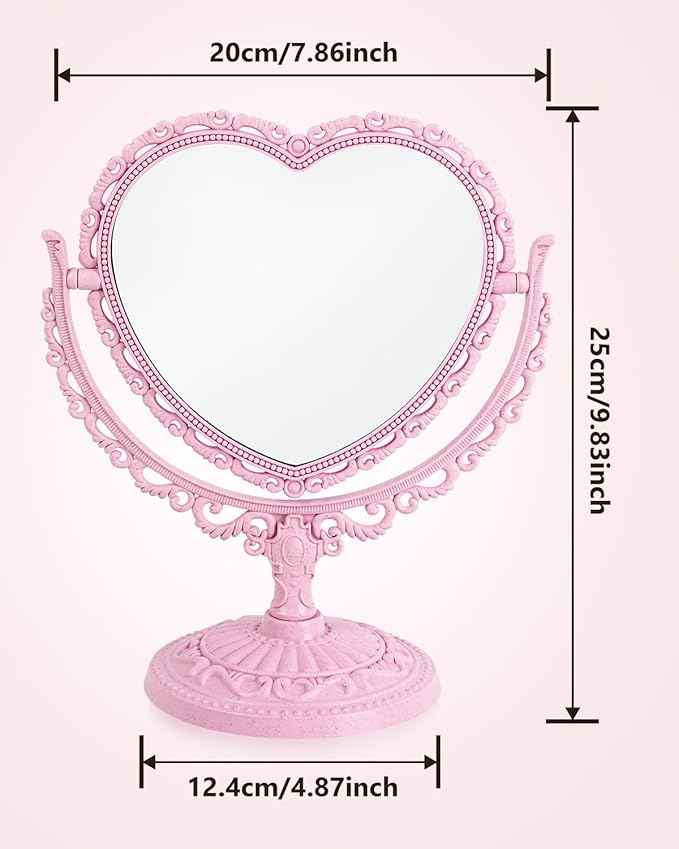 Heart Shaped Cute Vanity Princess Mirror for Desk,Double-Sided Rotatable Table with Stand Downtown Girl Room Coquette Decor (Pink)