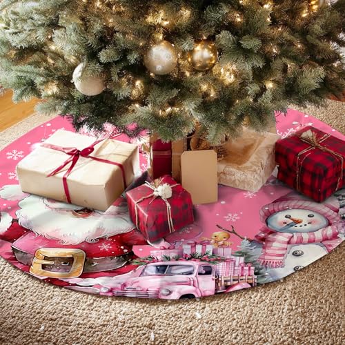 Pink Christmas Tree Skirt Santa Snowflaks Truck Christmas Decorations Xmas House Decor Winter Holiday Party Xmas Tree Skirt 36 inches
